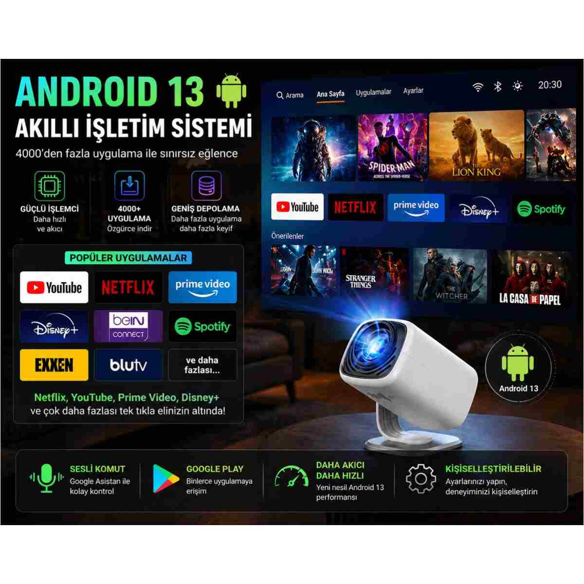 TARÇIN 4K Destekli Yeni Nesil Taşınabilir Akıllı Projektör -Oda Nemlendirici Hediyeli!- WiFi 6 Ultra Hızlı Bağlantı, Sinema Keyfi - Görsel 5