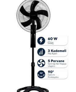 KUMTEL KTF-395 Siyah 18 İnç Ayaklı Vantilatör 60 W, 5 Pervaneli, 3 Kademeli, 145 cm Yükseklik