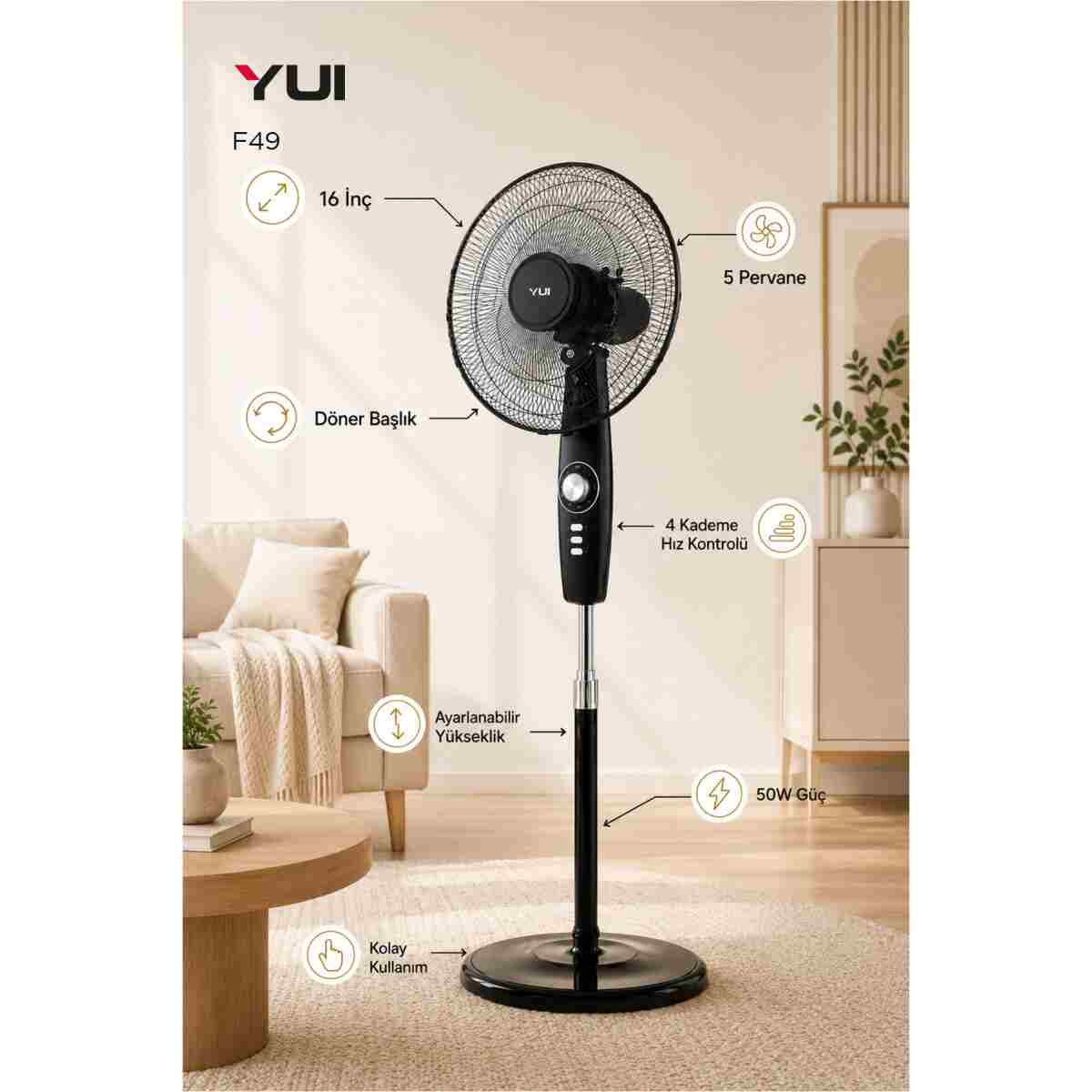 Yui F49 Siyah 16 Inç 50W 4 Kademe 5 Pervane Döner Başlıklı Vantilatör - Görsel 3