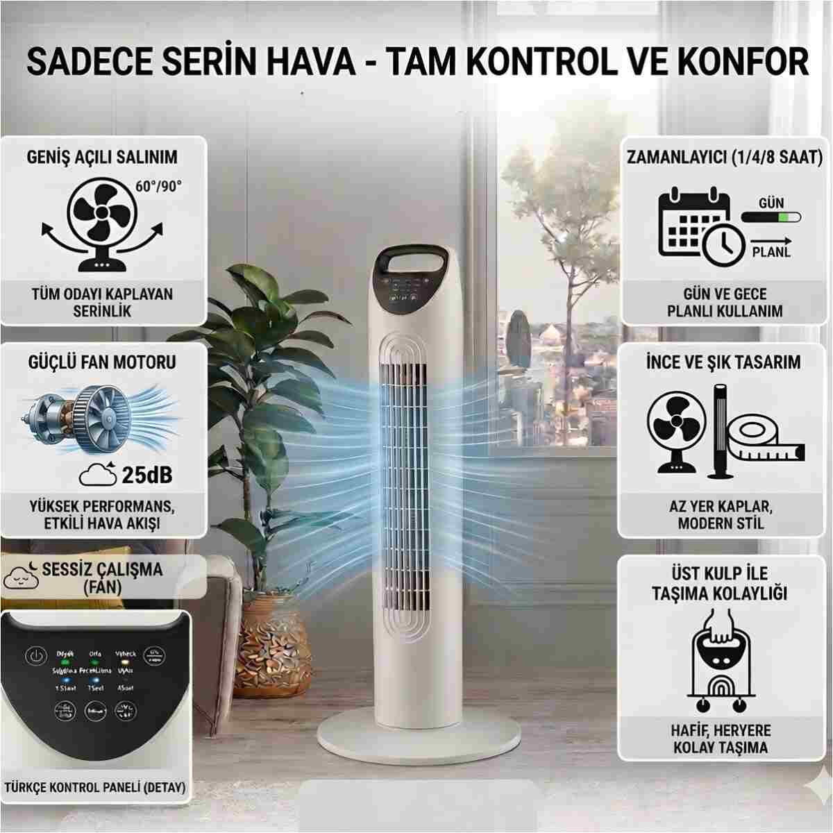 SMAYLİNG Sessiz Kule Vantilatör 80cm Uzaktan Kumandalı, 3 Hızlı, Salınımlı, Taşınabilir Fan - Görsel 11