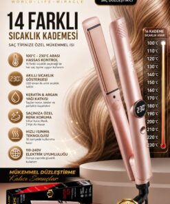 VOLEMİ V-074 Profesyonel Saç Düzleştirici 14 Kademeli Isı Ayarı Dijital LED Ekran Seramik Plaka 100-230°C
