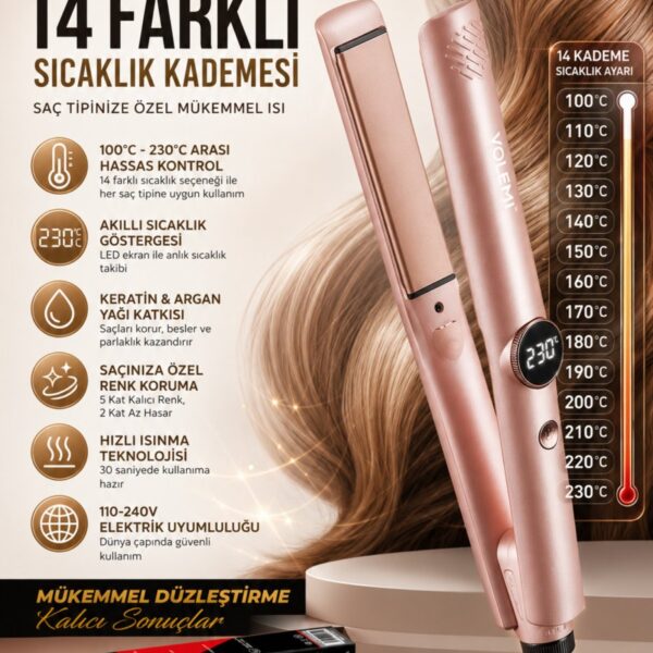 VOLEMİ V-074 Profesyonel Saç Düzleştirici 14 Kademeli Isı Ayarı Dijital LED Ekran Seramik Plaka 100-230°C