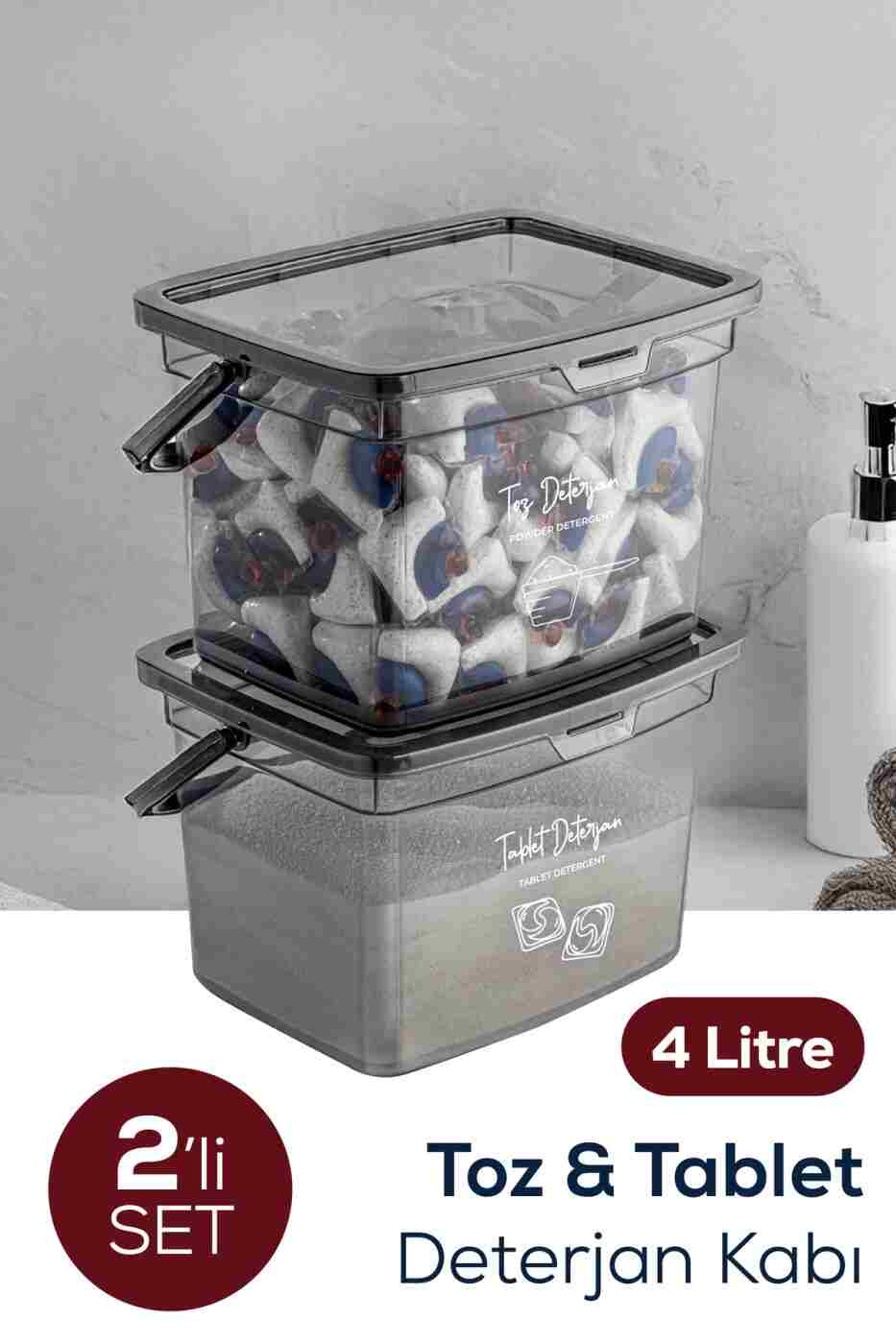 34dbf3b62c3bd5071e09ab1d93227496 Vienev 2'li 4 Litre Beyaz Serigrafi Etiketli Deterjanlık Saklama Kutusu Kabı Antrasit - Görsel 1