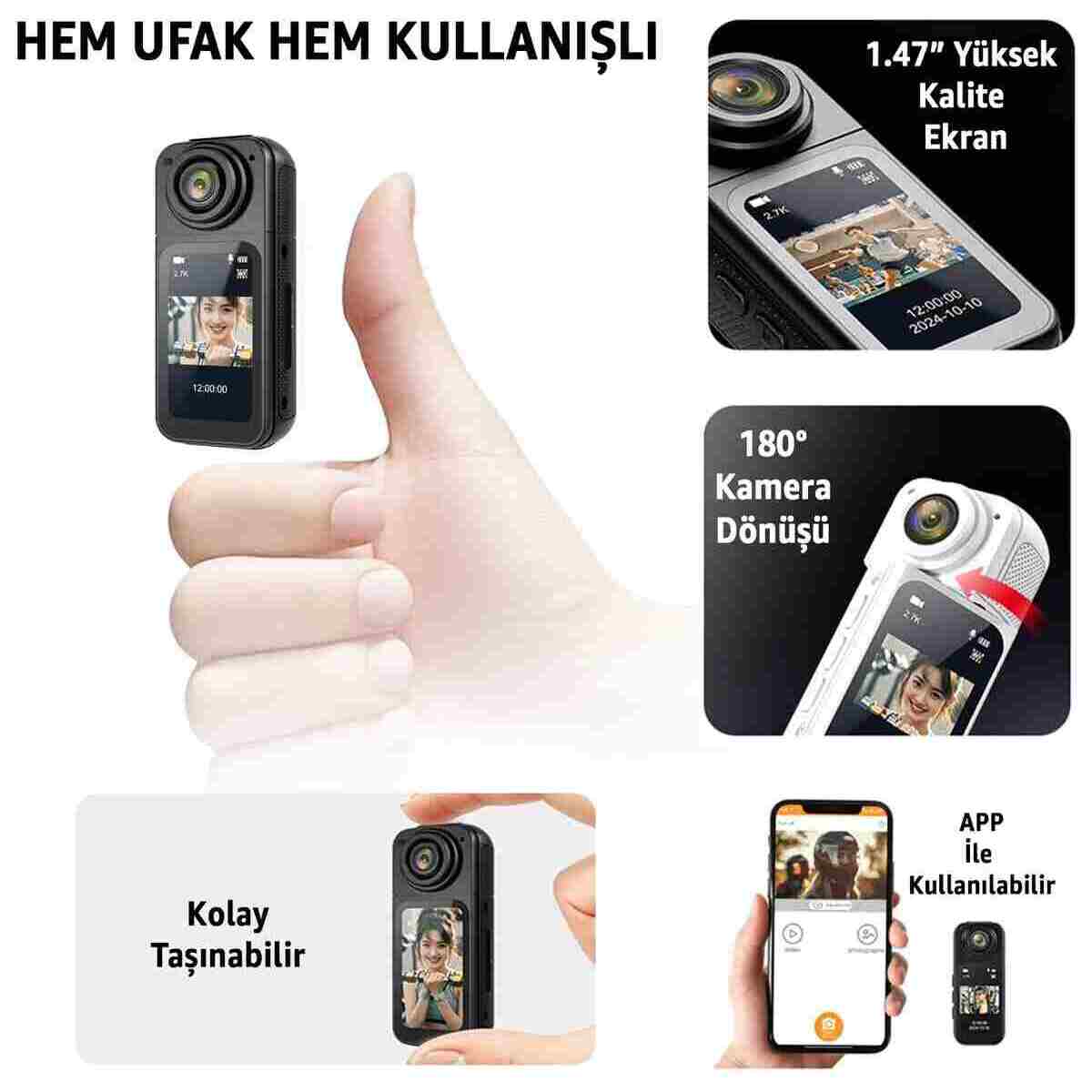 ROBEVE Mini Taşınabilir Aksiyon Kamera – 2.7K Ultra HD, 180° Döner Lens, 1.47″ HD Ekran, Mıknatıslı - Görsel 7