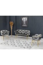 Rozexi Balon Çay Seti Takımı Koltuk Takımı Oturma Odası Kafe Antre Hol Ofis 2+1+1 Gold Metal