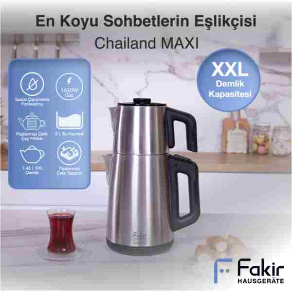 Fakir Chailand Maxi XXL Çay Makinesi Inox 1650W 2L Su 1.45L Demlik Otomatik Kapanma Çaycı