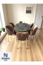 NUNKA HOME Arya Gold Line Serisi Krem Renk +6 Sandalyeli Mdf Lak Panel İroni Masa Takımı - Görsel 8