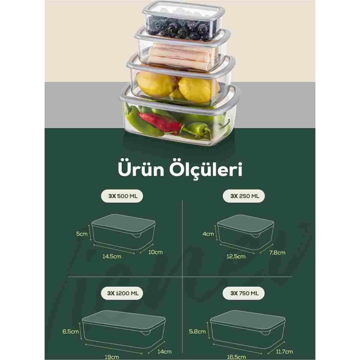 Vienev 12'li Hava Geçirmez Saklama Kabı Seti Antrasit 3x(250-500-750-1200 ML) - Görsel 8