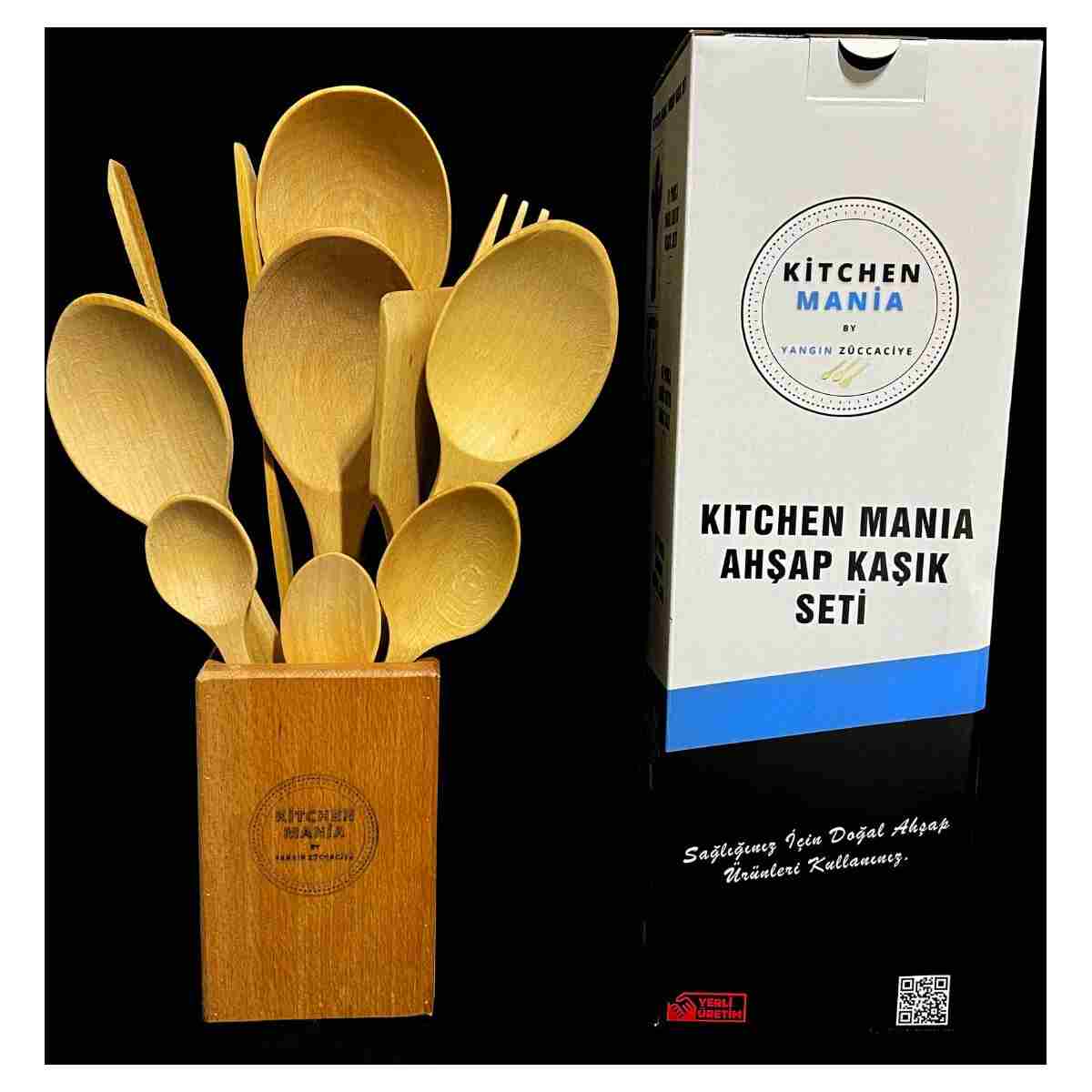 Kitchen Mania 11 Parça Yağlı Kayın Ahşap Kaşık Tahta Spatula Servis Kepçe Ağaç Çatal Maşa Seti-ahşap Standlı - Görsel 3