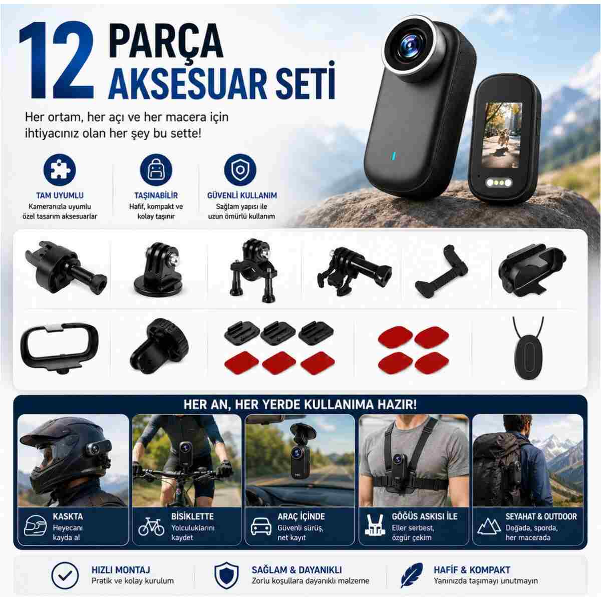 ROBEVE 4K Ultra HD Mini Aksiyon Kamerası – 1.47” HD Ekranlı Taşınabilir Wireless Vlog Kamera, 180° Döner Lens, Kablosuz Bağlantı, Fotoğraf & Video Çekimi, 12 Parça Aksesuar Setli Kompakt Cep Kamerası - Görsel 6