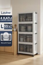 Lavine ”LARGE” 4 Katlı Portatif Organizer Tekerlekli Dolap Çok Amaçlı Mıknatıs Kapaklı Katlanır - TOPRAK - Görsel 9