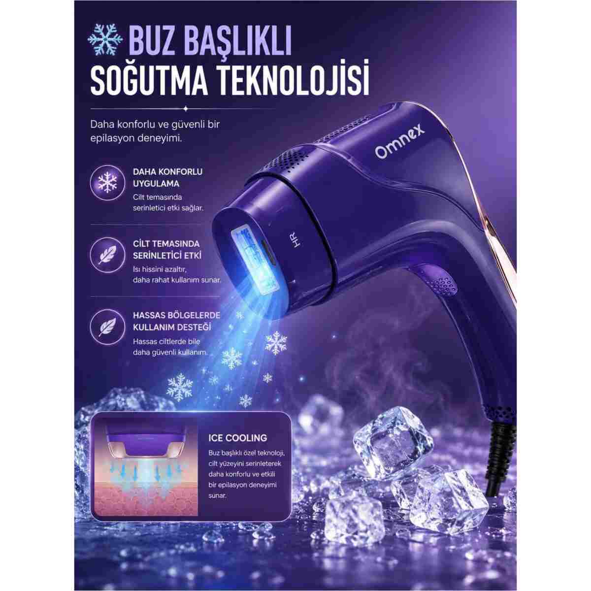 Omnex EliteGlow IPL Lazer Epilasyon Cihazı Buz Başlıklı Akıllı Cilt Sensörlü 10 Kademe Enerji - Görsel 4