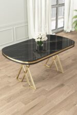 Canisa Zae Serisi 90x168 Lak Panel Siyah Mermer Desen Gold Ayak Masa Takımı 6 Gri Sandalye - Görsel 2