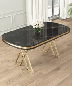 Alternative view of Canisa Zae Serisi 90x168 Lak Panel Siyah Mermer Desen Gold Ayak Masa Takımı 6 Gri Sandalye