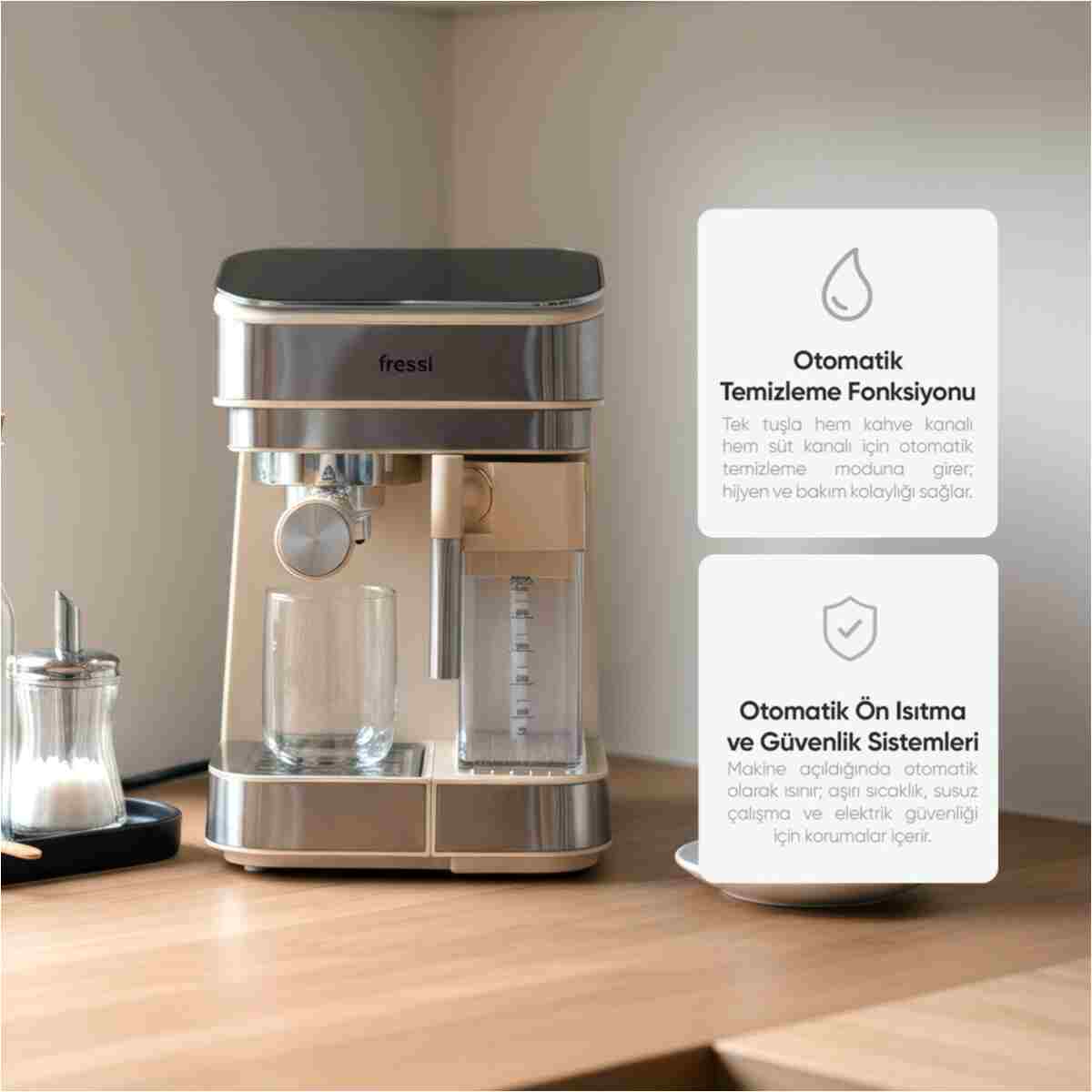 Fressi Espresso Latte Cappuccino Kahve Makinesi Otomatik Süt Tanklı 20bar Basınçlı Lavante Krem - Görsel 8