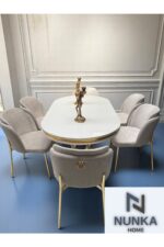 NUNKA HOME Arya Gold Line Serisi Antrasit Renk +6 Sandalyeli Mdf Lak Panel Beyaz Masa Takımı - Görsel 5