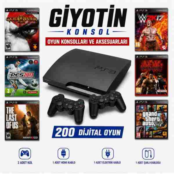 giyotin konsol Playstation 3 Süper Slim 500 Gb ( Yenilenmiş ) 2 Kablosuz Kol 200 Dijital Oyun Garantili Ürün