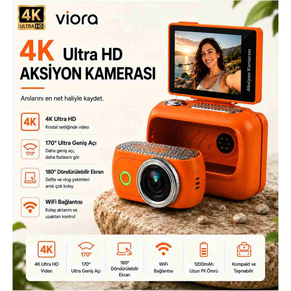 TARÇIN Viora 4K Aksiyon Kamerası Mini 180° Döner Ekran WiFi App Geniş Açı Taşınabilir Vlog Kamera - Görsel 6