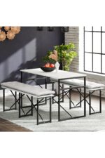 eportatif Masa Takımı Minderli Bench Bank Masa Seti 120x60 Masa Mutfak Masası Yemek Masası Beyaz 1555 - Görsel 2