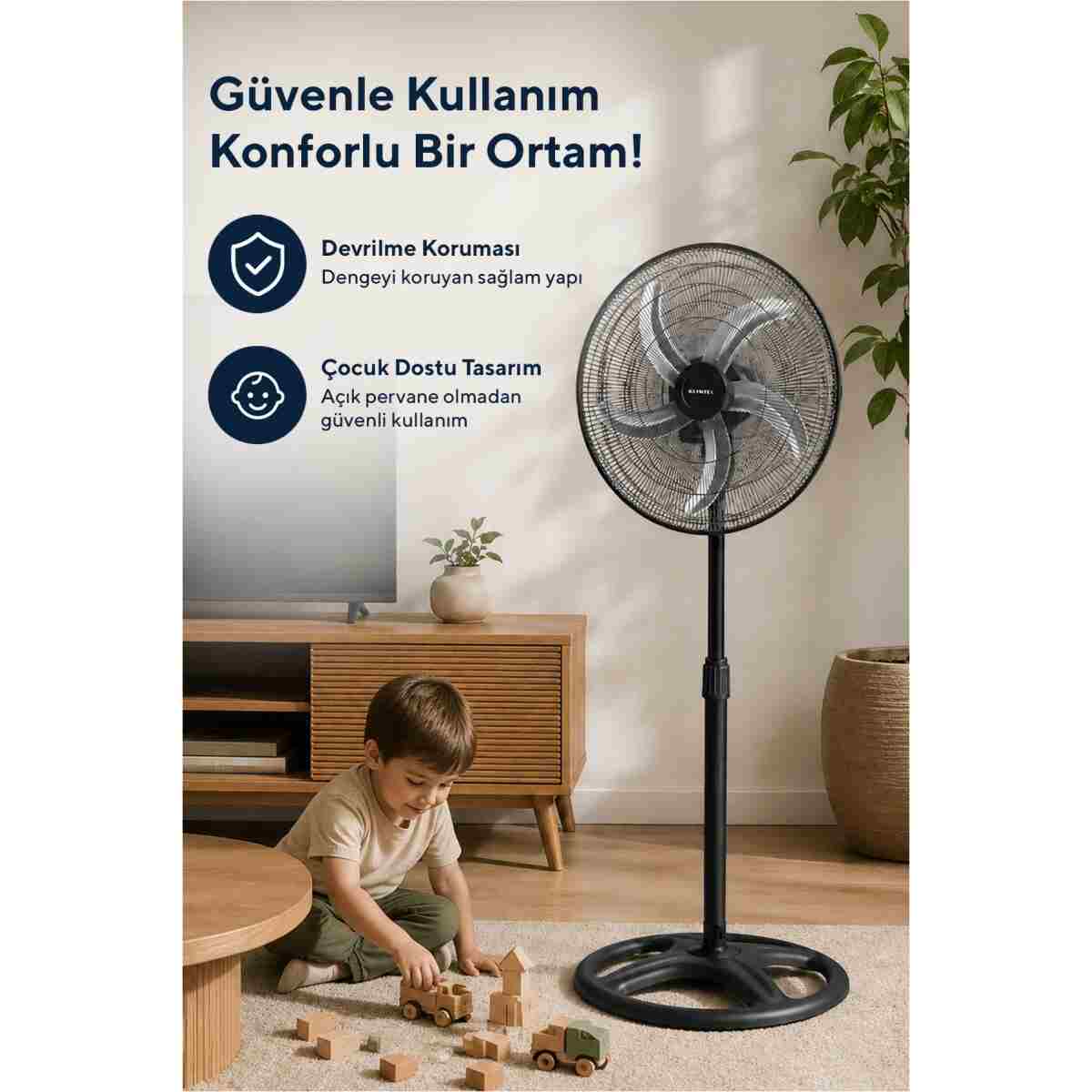 KUMTEL KTF-340 Siyah 18 İnç Sanayi Tipi Vantilatör 3in1 60 W,5 Kanatlı, 3 Kademeli, 132 cm - Görsel 12