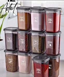 Kitchen Life 12'li Etiketli Modernity Etiketli Kare Baharatlık Takımı 400 ml - Erzak Saklama Kabı Seti