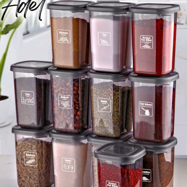 Kitchen Life 12'li Etiketli Modernity Etiketli Kare Baharatlık Takımı 400 ml - Erzak Saklama Kabı Seti
