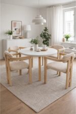 weltwood 4 Kişilik Butterfly Yemek Masası ve 4 İskandinav Sandalye | 103 cm Çap MDF Masa Tablası | %100 Ham Kayın Ağacından Malzeme