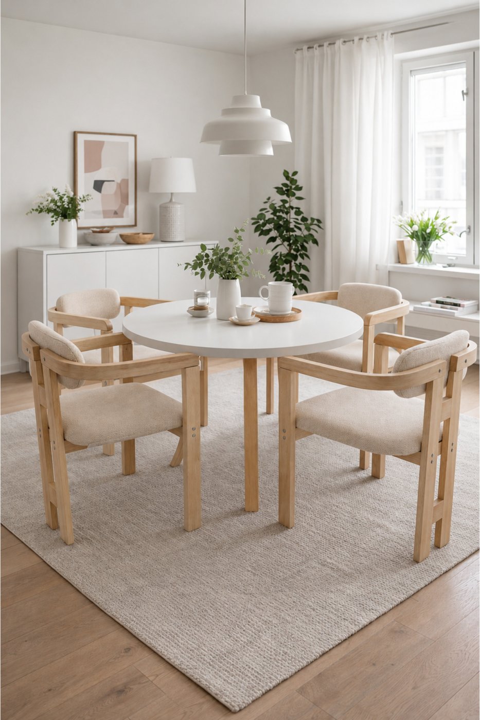 3bb5bca76fd74b037b75cb9ca087db1b weltwood 4 Kişilik Butterfly Yemek Masası ve 4 İskandinav Sandalye | 103 cm Çap MDF Masa Tablası | %100 Ham Kayın Ağacından Malzeme - Görsel 1
