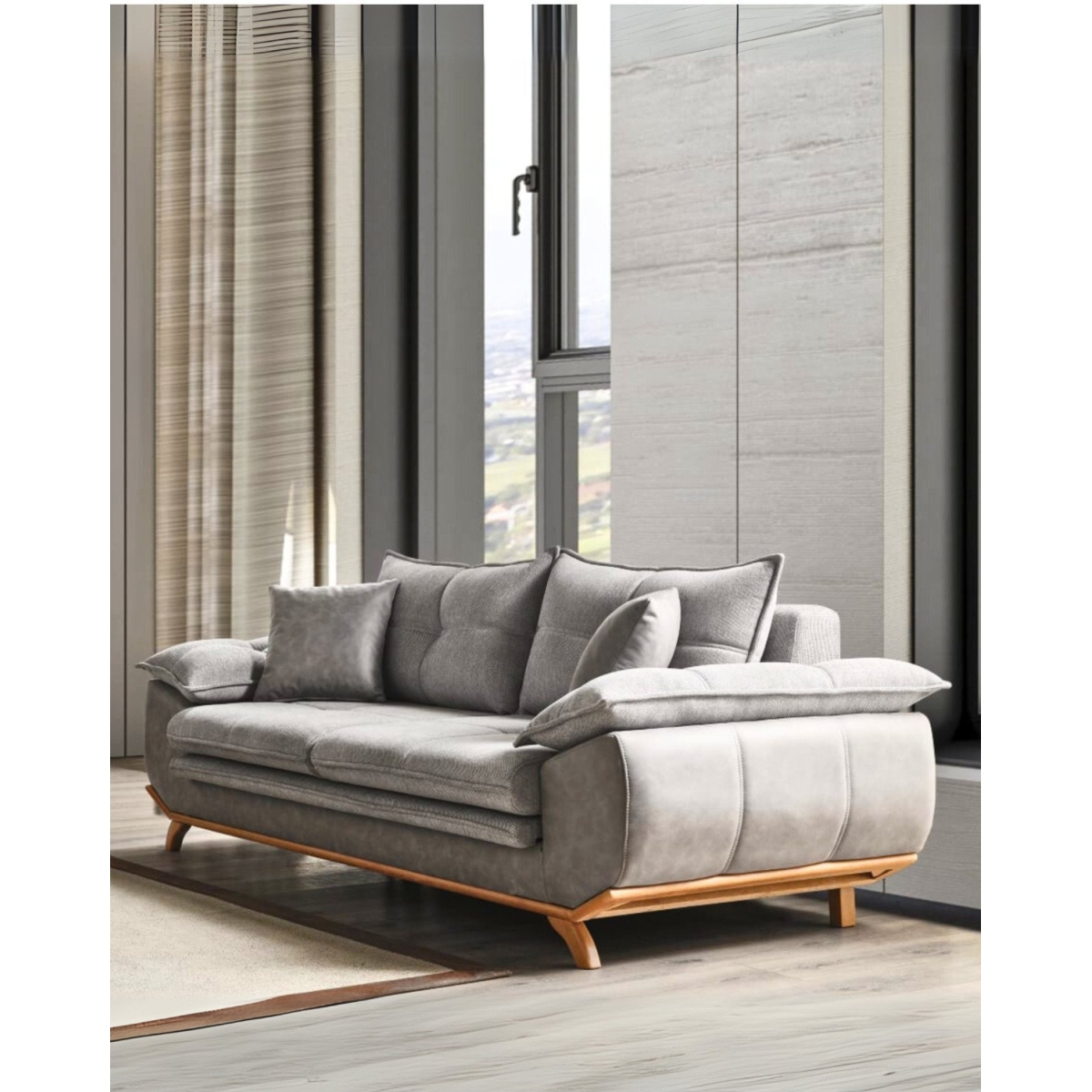 Velura Home & Living Azir Yataklı Koltuk & Bazalı Koltuk & Üçlü Kanepe (3'LÜ) - Gri Nubuk Bukle Kumaş - Görsel 2