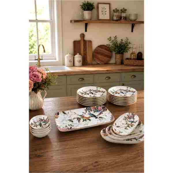 Pinkev Flora 21 Parça 12 Kişilik Seramik Kahvaltı Pasta Sunum Tabağı Takımı Seti - Kup124f