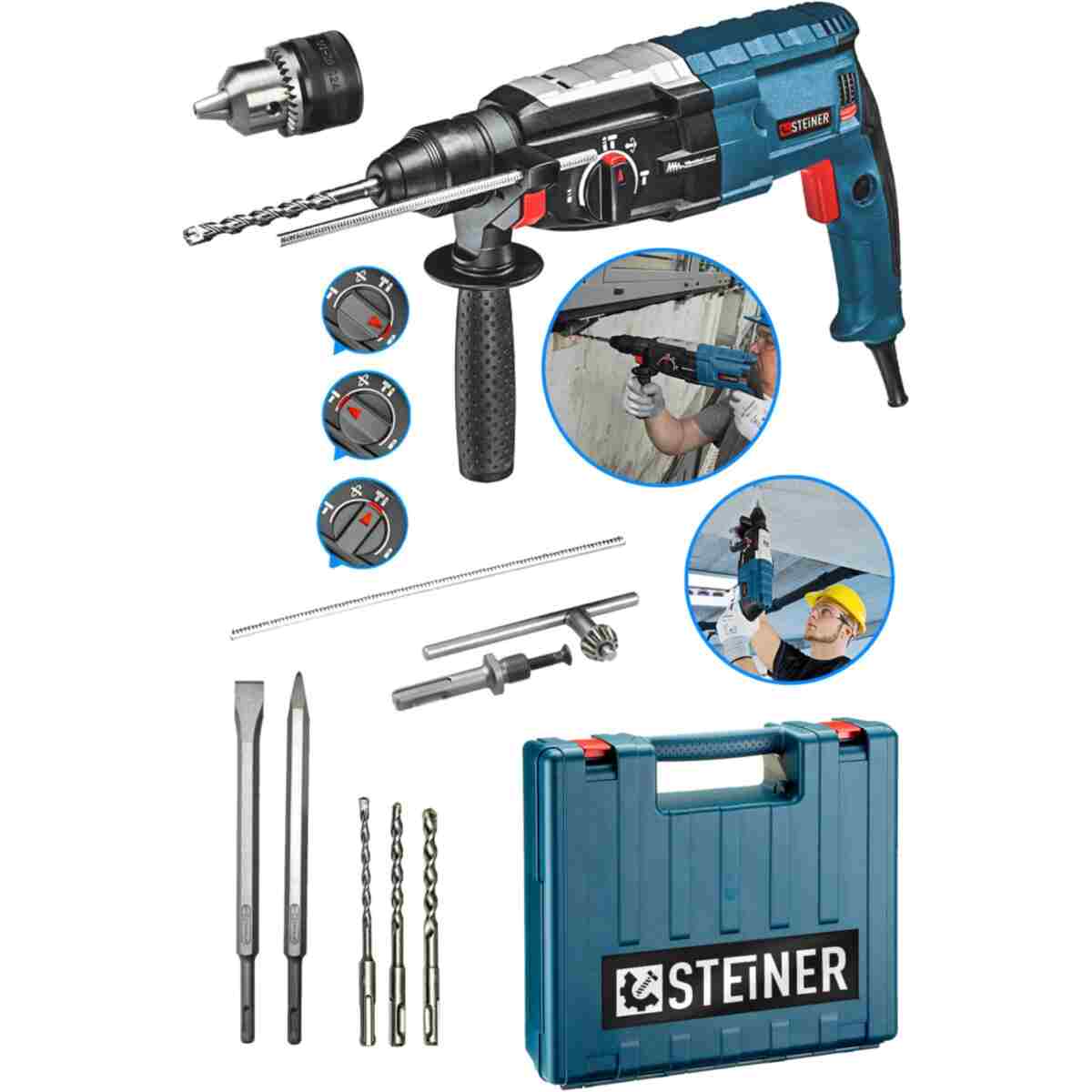STEİNER Alman 4000 Watt Profesyonel Kırıcı Delici Hilti Darbeli Matkap Gri + 5 Adet Uç + Mandren - Görsel 3