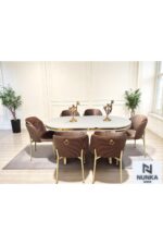 NUNKA HOME Arya Gold Line Cappuccino Serisi +6 Sandalyeli Mdf Lak Panel Beyaz Masa Takımı - Görsel 2