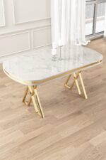 Canisa Zae Serisi 90x168 Lak Panel Beyaz Mermer Desen Gold Ayak Masa Takımı 6 Antrasit Sandalye - Görsel 2