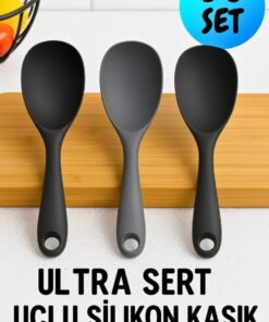 BRE HOME 3’lü Siyah-gri Silikon Kaşık Seti – 20 Cm Ultra Sert Uçlu, Isıya Dayanıklı Pilav Kaşığı