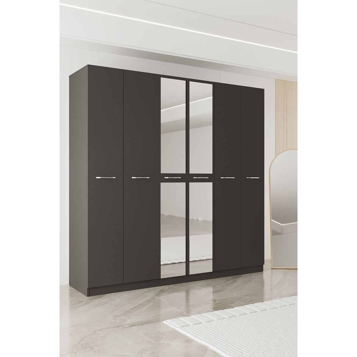 AEKA AE-2191 Hisar Beyaz/Beyaz Aynalı 6 Kapaklı Çok Bölmeli Askılı ve Raflı Geniş Hacimli Gardırop 210x210 cm - Görsel 10