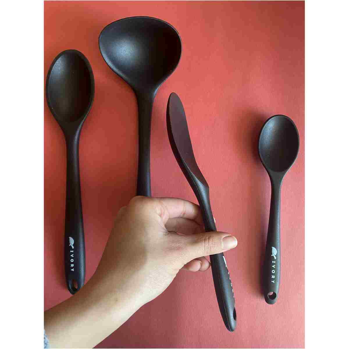 Multiamo İvory Sert Uçlu Isıya Dayanıklı Yanmaz Yapışmaz Silikon Seti 4 Parça 28cm/22cm/20cm Kaşık 28cm Kepçe - Görsel 5