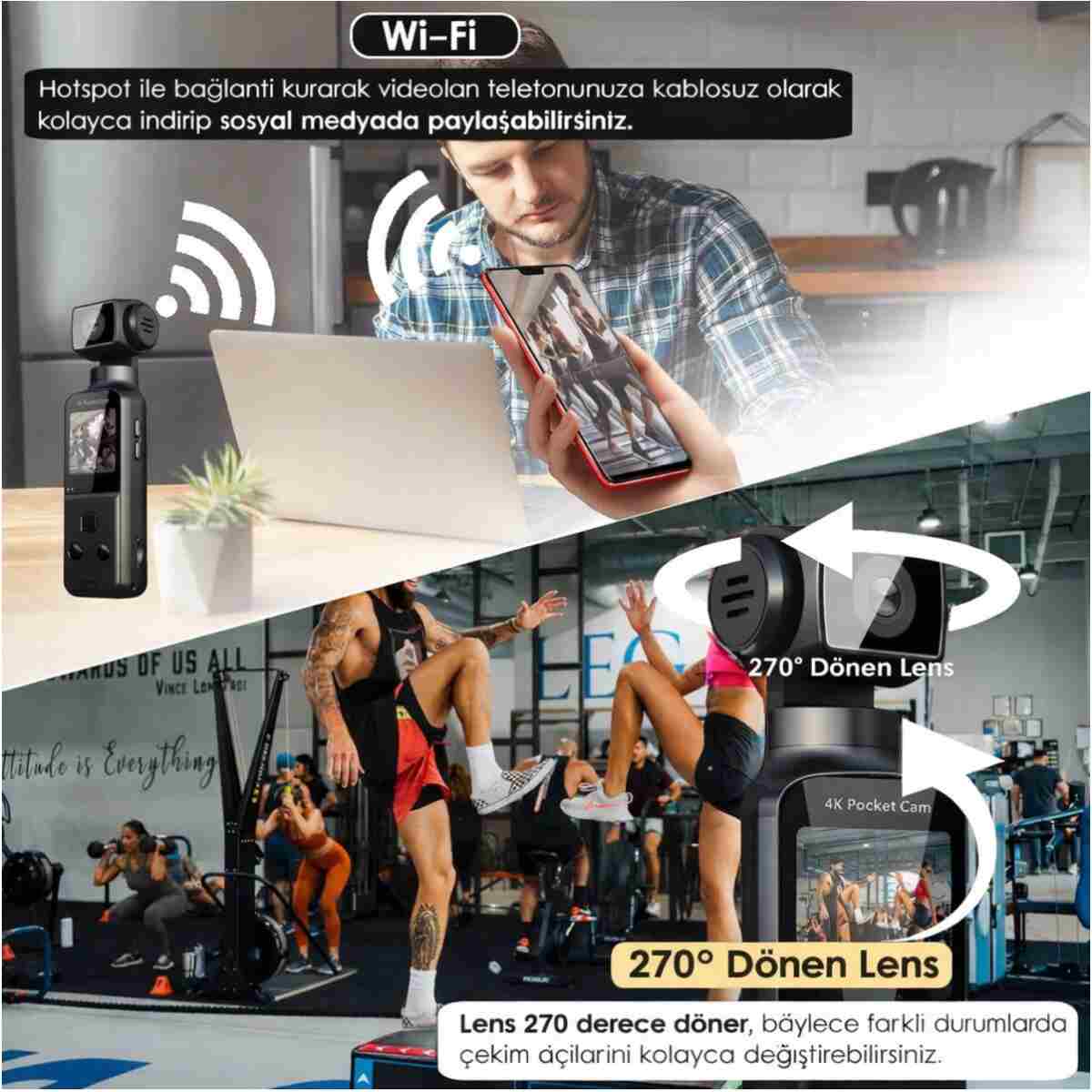 TARÇIN 4K Ultra HD Mini Aksiyon Kamerası | Wi-Fi , 270° Döner Lens, EIS Stabilizasyon - Görsel 10