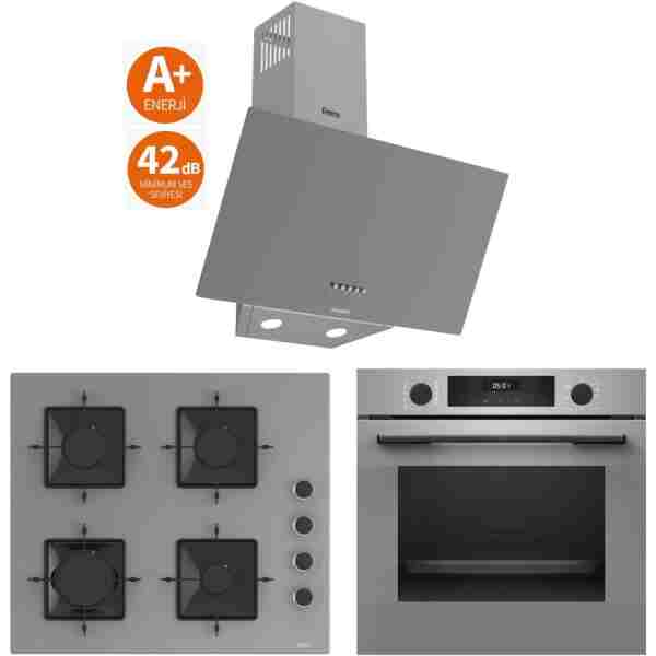 Bosch & Ferre Antrasit 3 lü Ankastre Set - Ultra Sessiz Davlumbaz - 42 dB ( HUA717BN0T - SS208 - D088-SA ) Buhar Destekli