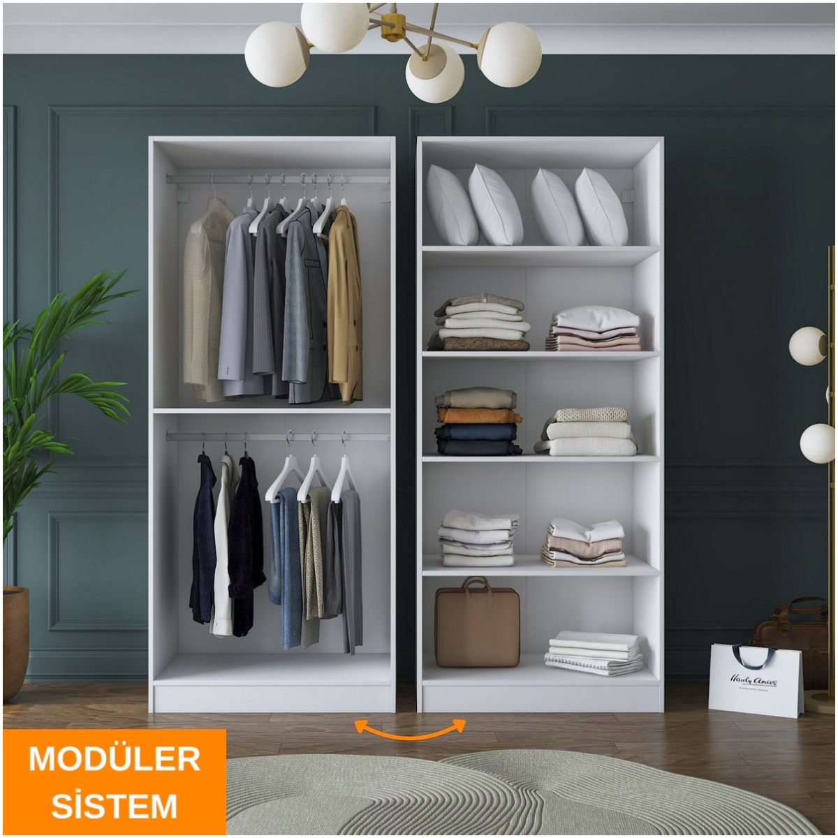 Rani Mobilya Rani BA156 Modüler Gardırop 4 Kapaklı Raflı Askılı Elbise Dolabı Beyaz - Görsel 4