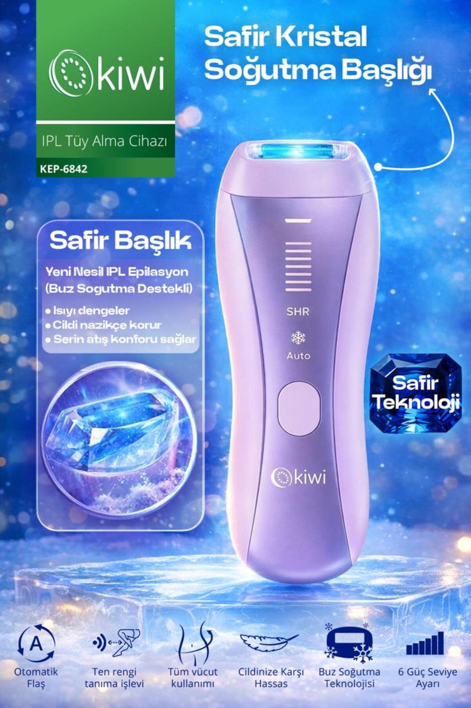 Kiwi Ipl Lazer Epilasyon Aleti Sapphire Buz Başlık Seri Atış ve Cilt Tanıma KEP-6842