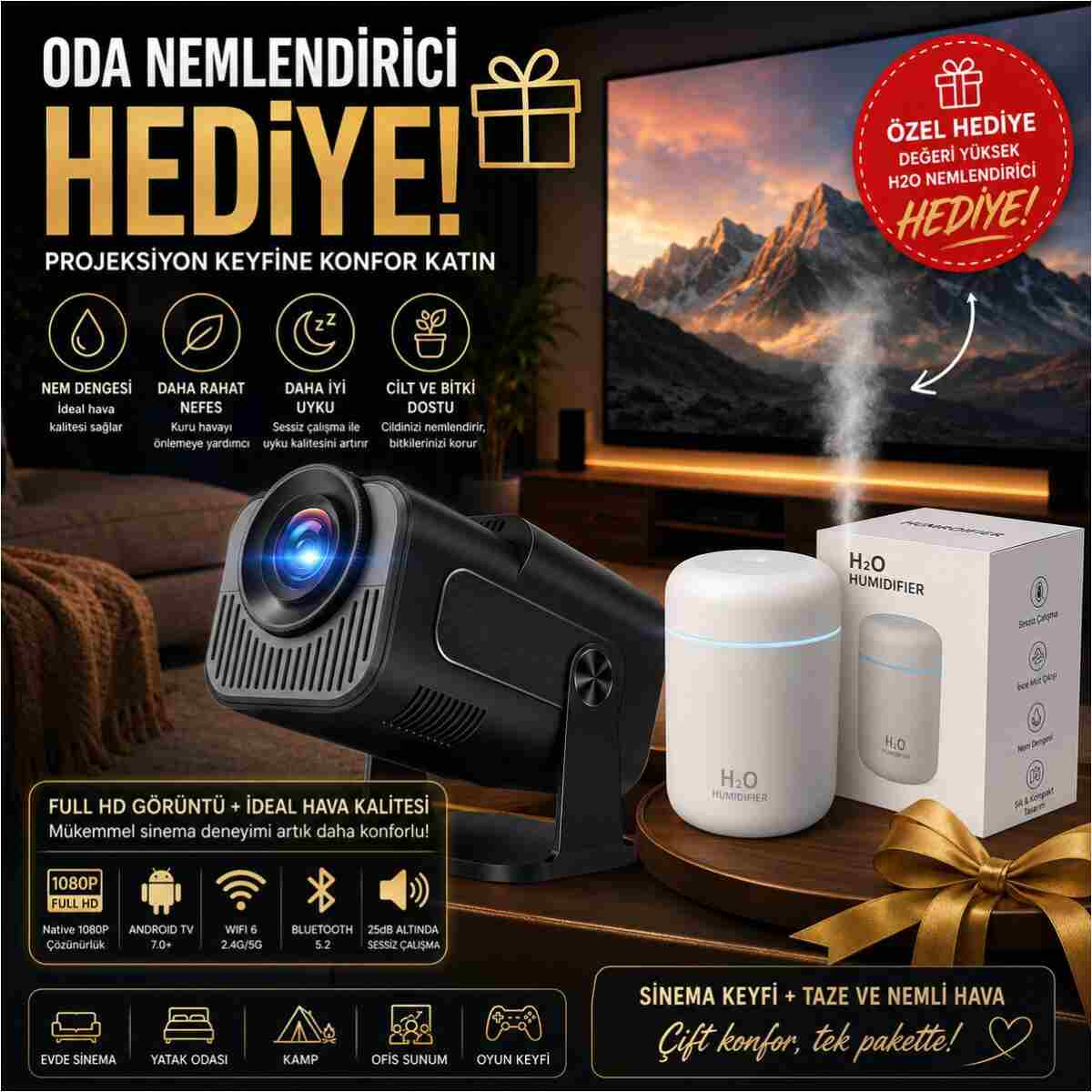 TARÇIN Taşınabilir 4K Destekli Full HD Projektör Oda Nemlendiricisi Hediyeli - 270° Döner Gövde - Görsel 15