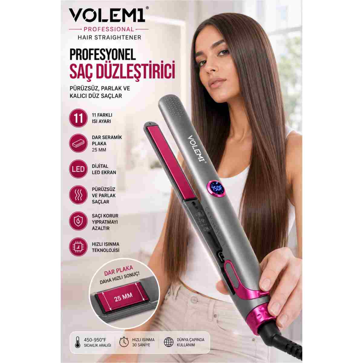VOLEMİ V-0102 Profesyonel Seramik Çift Plaka Saç Düzleştirici 11 farklı ısı Ayarlı Renk Koruma Teknolojisi - Görsel 12