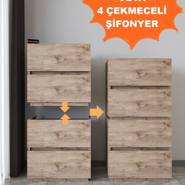 AEKA Ae-2034 Galata 4 Çekmeceli Patentli Çam Renkli Şifonyer Yatak Odası Bebek Odası Komodin