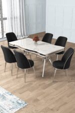 Canisa Prah Serisi 90x160 Lak Panel Beyaz Mermer Desen Krom Ayak Masa Takımı 6 Gri Sandalye - Görsel 5