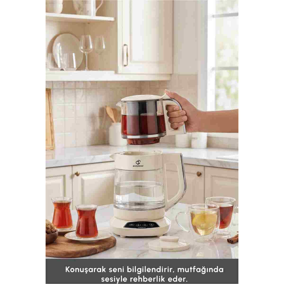Karaca Çaysever 3 in 1 Konuşan Cam Çay Makinesi Su Isıtıcı ve Mama Suyu Hazırlama 1700W Starlight. - Görsel 6