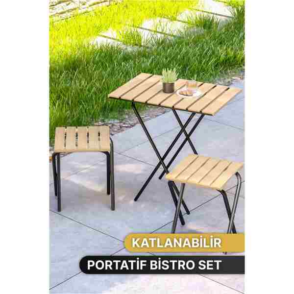 Bino Bahçe Masası Kamp Masası Yükseklik Ayarlı Masa Sandalye Bistro Ahşap Kamp Masası Taburesi 3'lü Set
