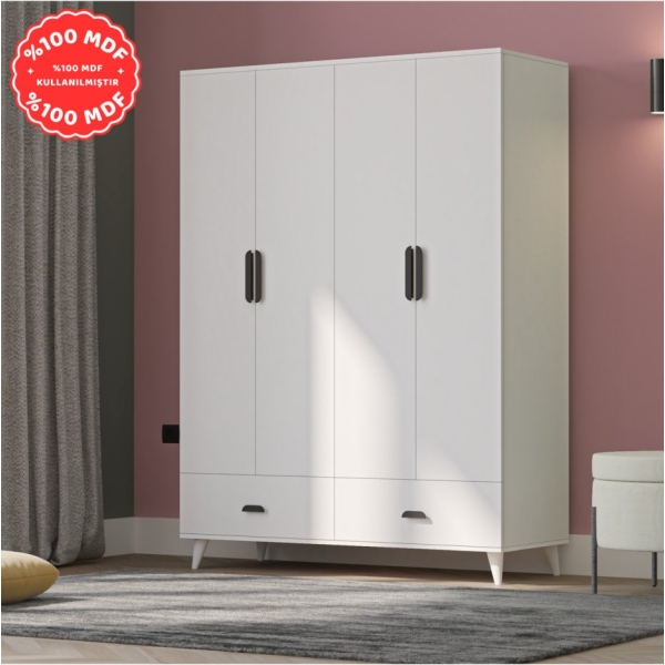 İMBAŞ İnci 4 Kapaklı 2 Çekmeceli Gardırop Beyaz %100 MDF