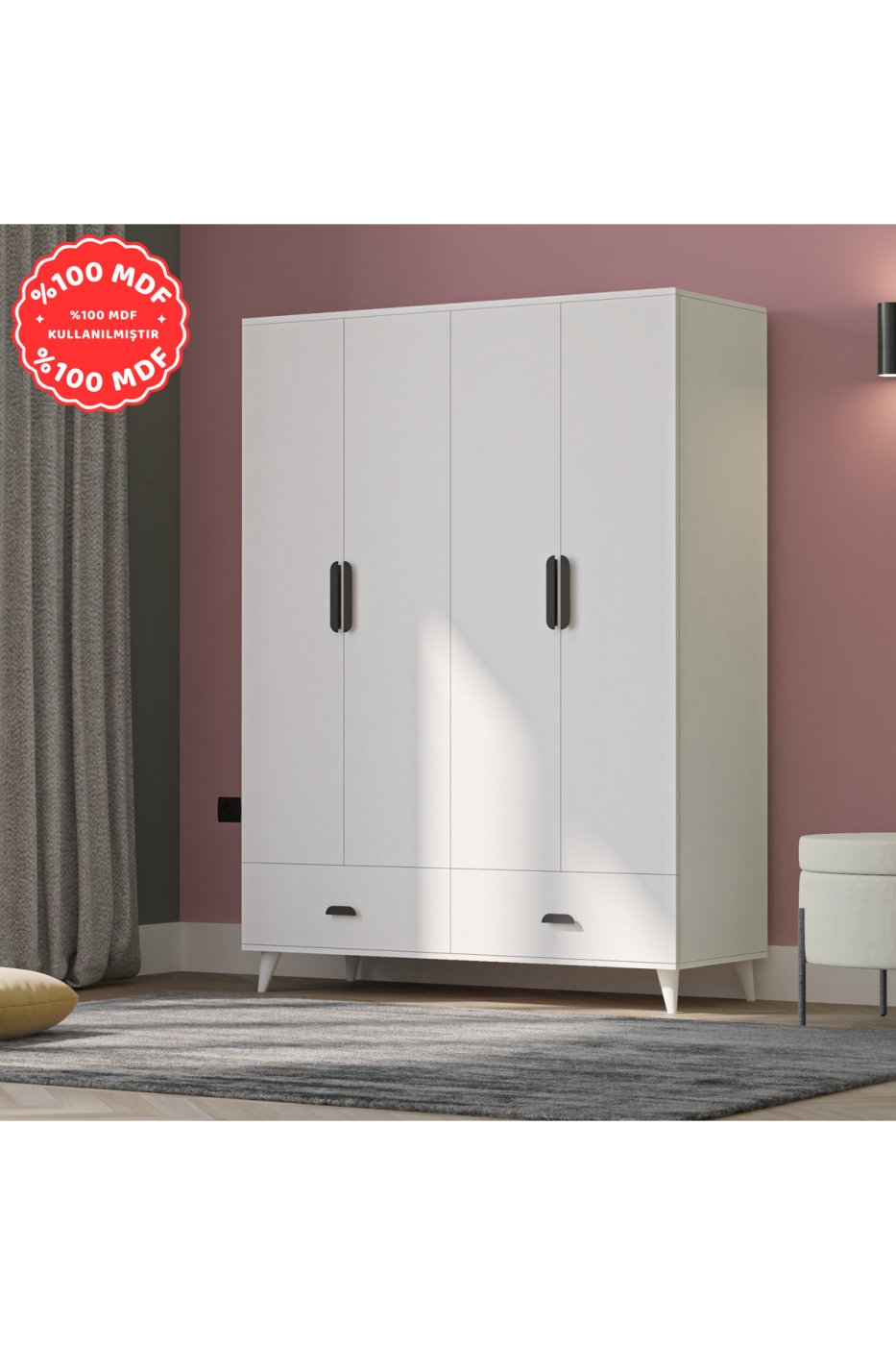 40c160c3e961c3bd08edf21640cdec2f İMBAŞ İnci 4 Kapaklı 2 Çekmeceli Gardırop Beyaz %100 MDF - Görsel 1