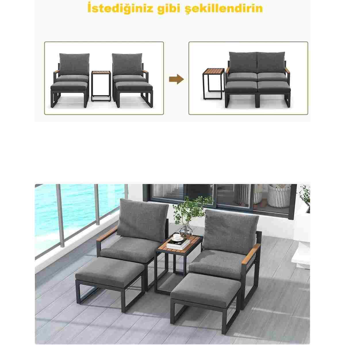 Kagu 5 Parça Metal Çerçeve Outdoor Multilounge Bahçe Balkon Mobilya,Uzanma - Görsel 6