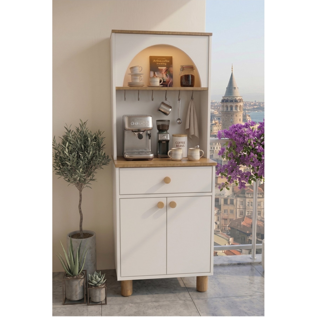 mistik home Galata Led Aydınlatmalı Kahve Köşesi - 70 cm Çok Amaçlı Mutfak Dolabı Konsol - Görsel 9